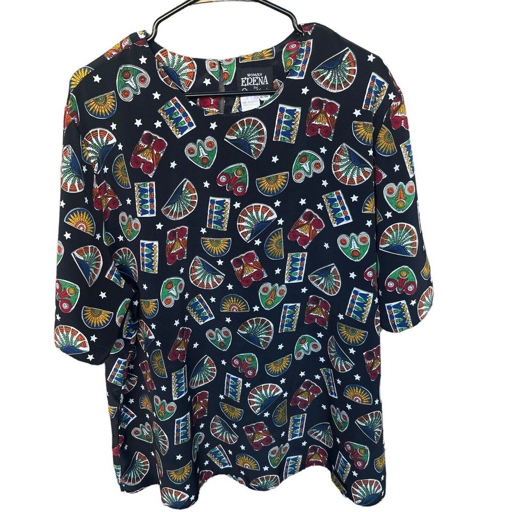 Vintage Erena Blouse Womens Plus Size 18W Black Peacock Short‎ Sleeve Multicolor